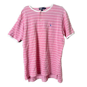 Vintage Polo Ralph Lauren Henley Pink Shirt Mens Size Large Striped Retro Logo